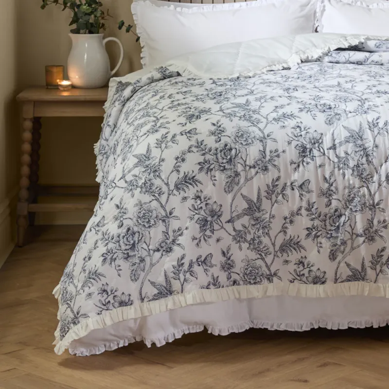 Hermione Ruffled Cotton Bedspread Ivory/Blue