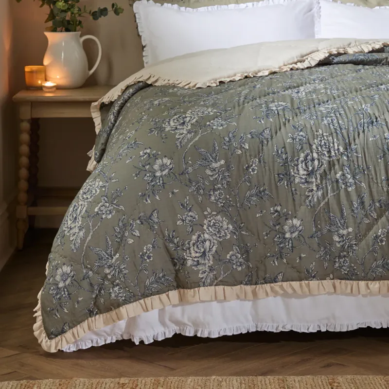 Hermione Ruffled Cotton Bedspread Moss