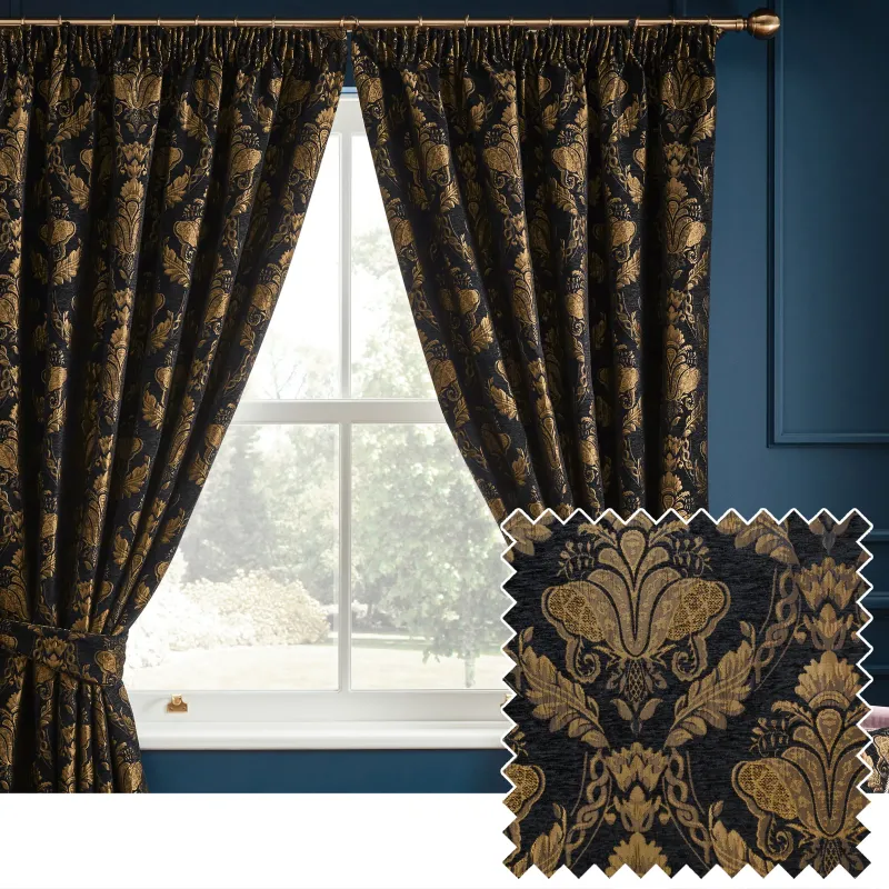 Shiraz Traditional Jacquard Pencil Pleat Curtains Black