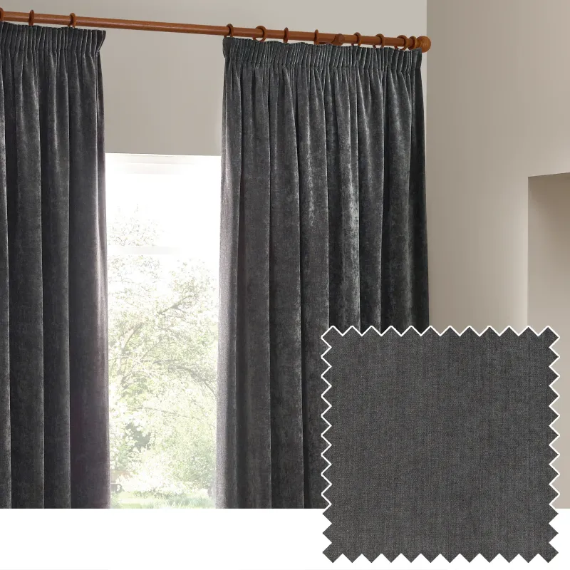 Heavy Chenille Room Darkening Pencil Pleat Curtains Charcoal