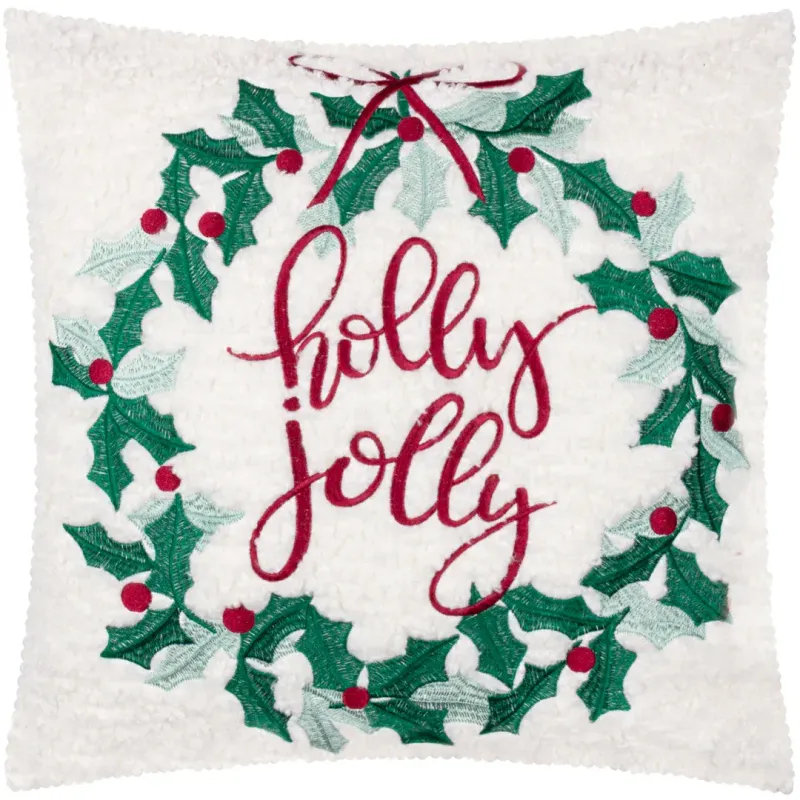 Holly Wreath Embroidered Cushion Multicolour