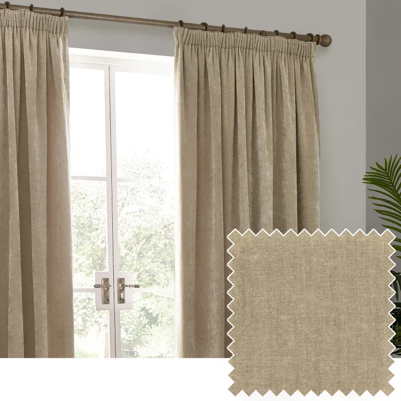 Heavy Chenille Room Darkening Pencil Pleat Curtains Natural