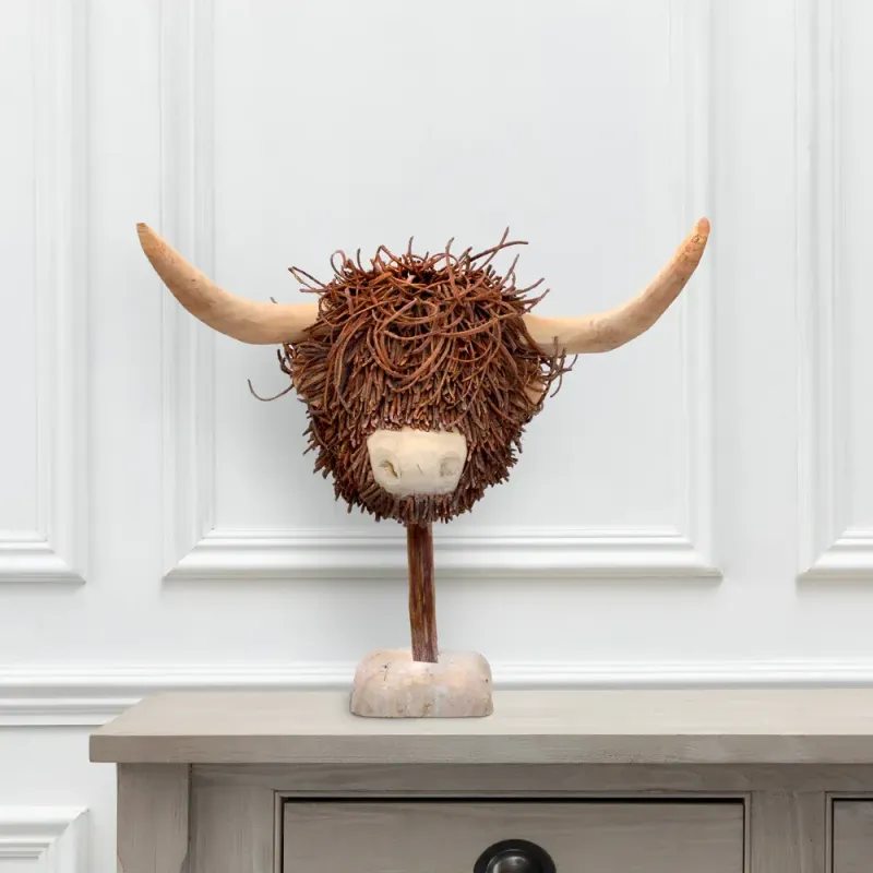 Hewie Highland Cow Hand Crafted Wooden Sculpture Brown