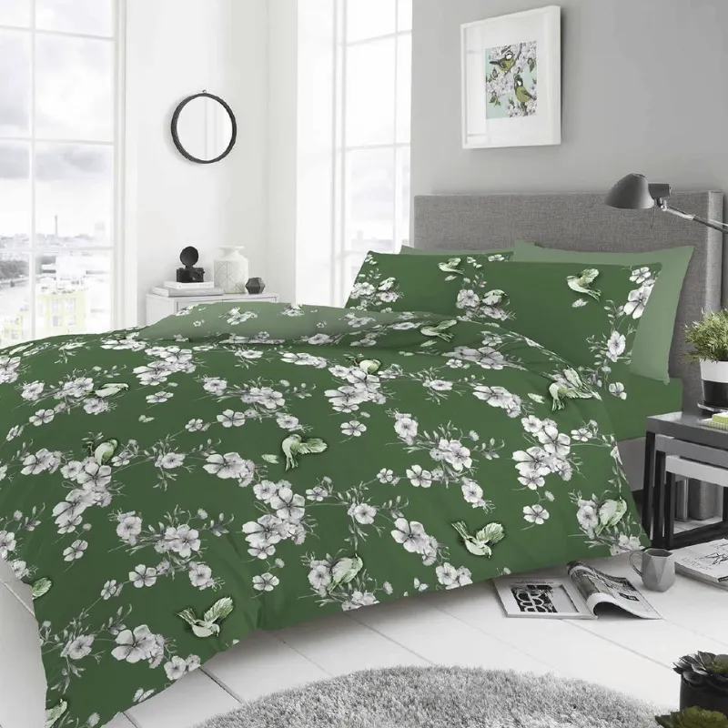 Birdie Blossom Green Printed Duvet Set