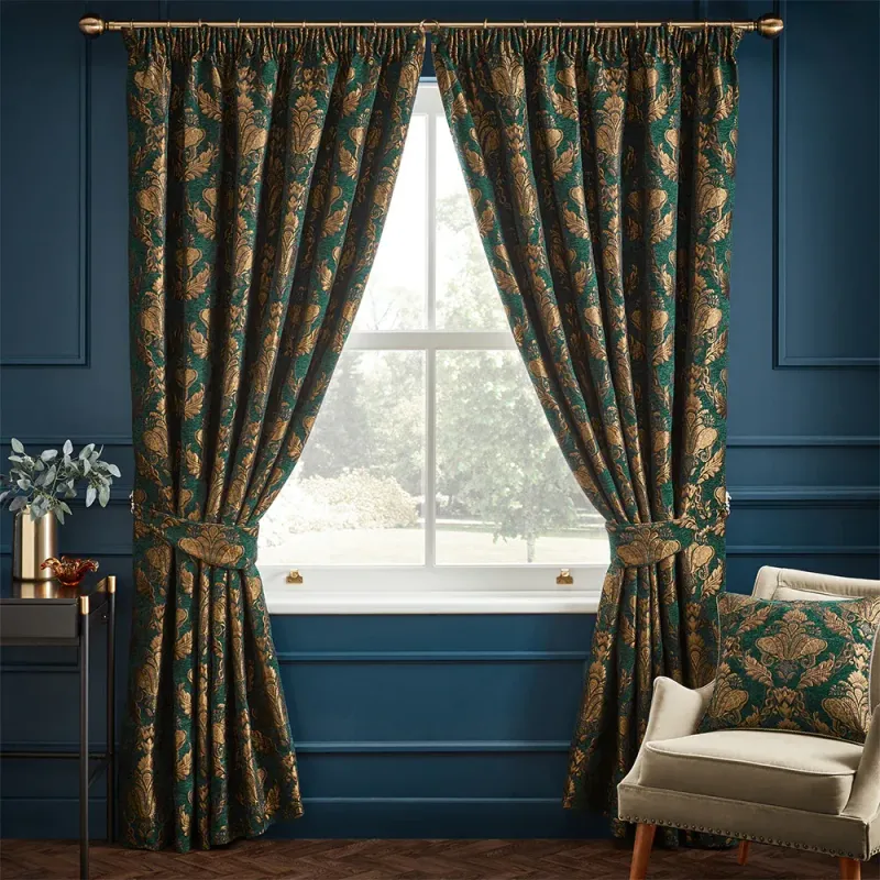 Shiraz Traditional Jacquard Pencil Pleat Curtains Emerald