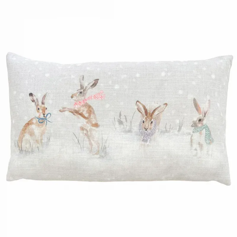 Snowy Hares Christmas Cushion Natural