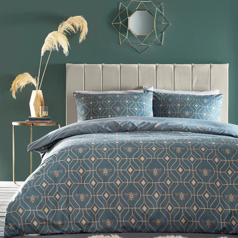 Bee Deco Geometric Reversible Duvet Cover Set French Blue