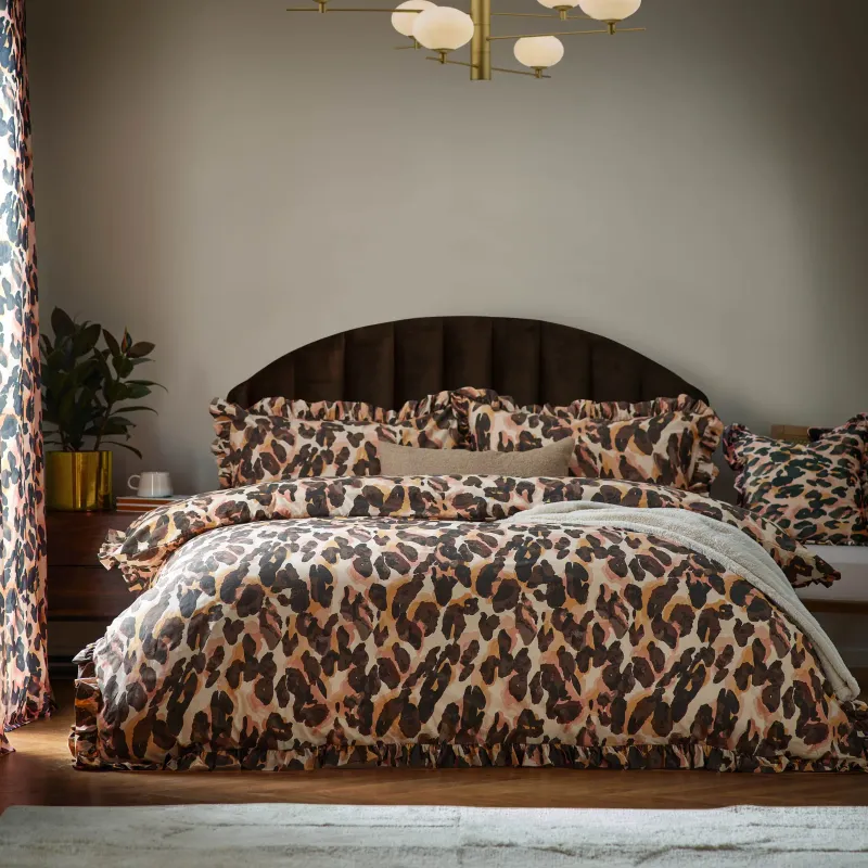 Leopard Printed Frill Trim Duvet Cover Set Multicolour
