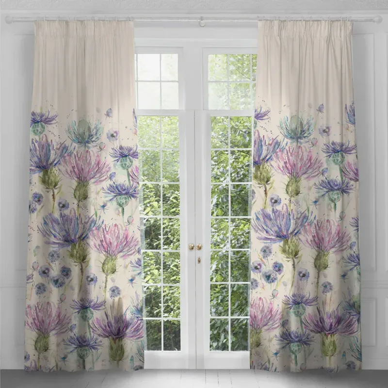 Eilean Donan Printed Pencil Pleat Curtains Thistle Damson
