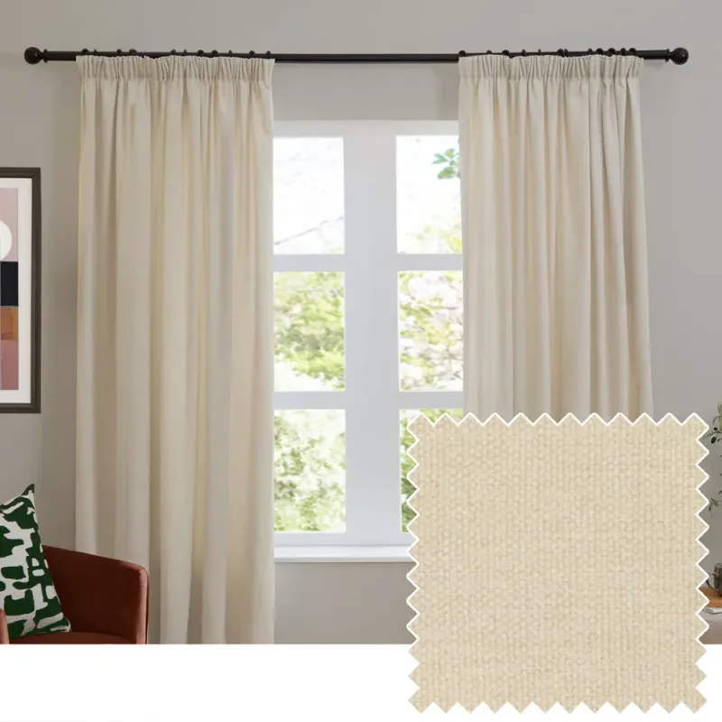 Soft Chenille Blackout Pencil Pleat Curtains Ecru
