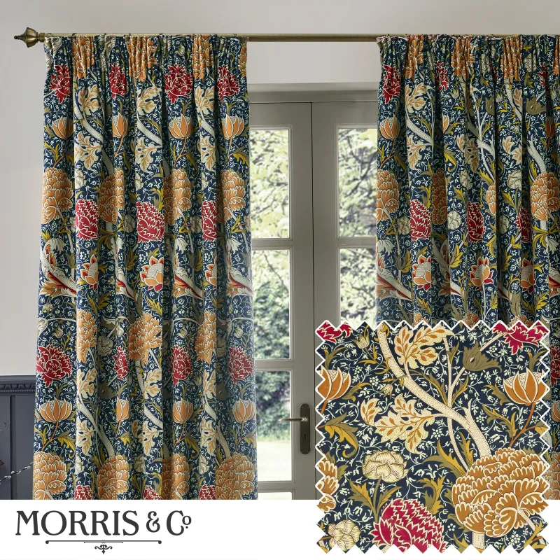 Cray Floral Chenille Pencil Pleat Curtains Indigo & Berry