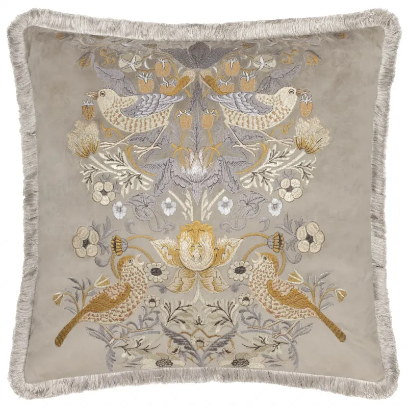 Strawberry Thief Embroidered Velvet Cushion Biscuit