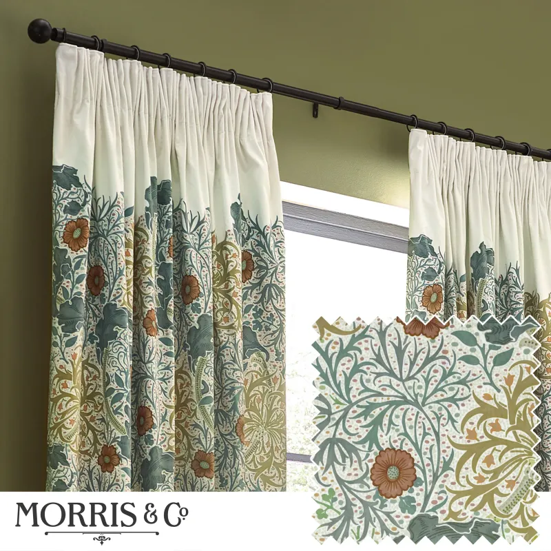 Seaweed Printed Embroidered Velvet Pencil Pleat Curtains Stone/Sunflower