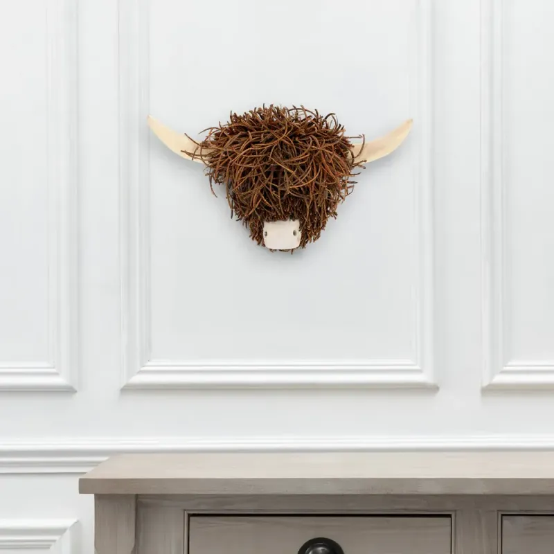 Hewie Highland Cow Wall Mounted Hand Crafted Wooden Sculpture Brown