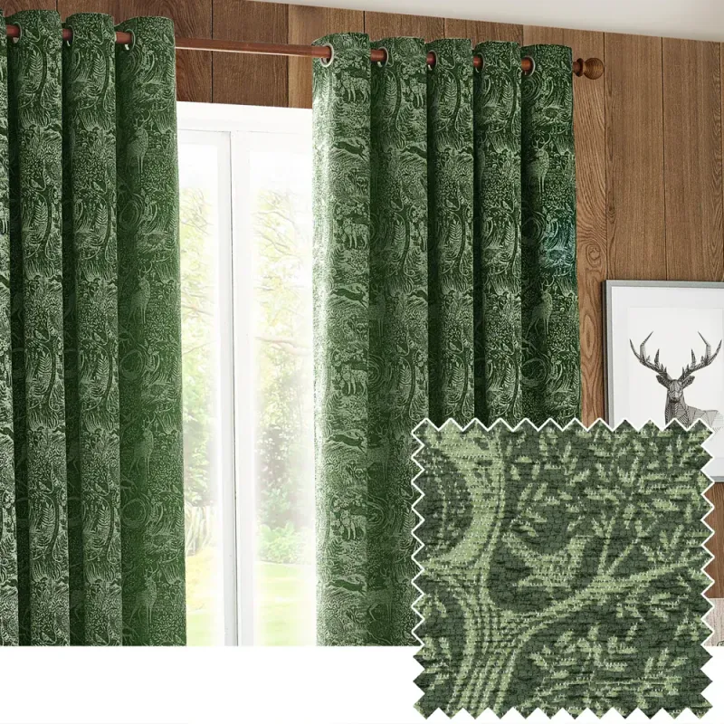 Winter Woods Animal Chenille Eyelet Curtains Emerald