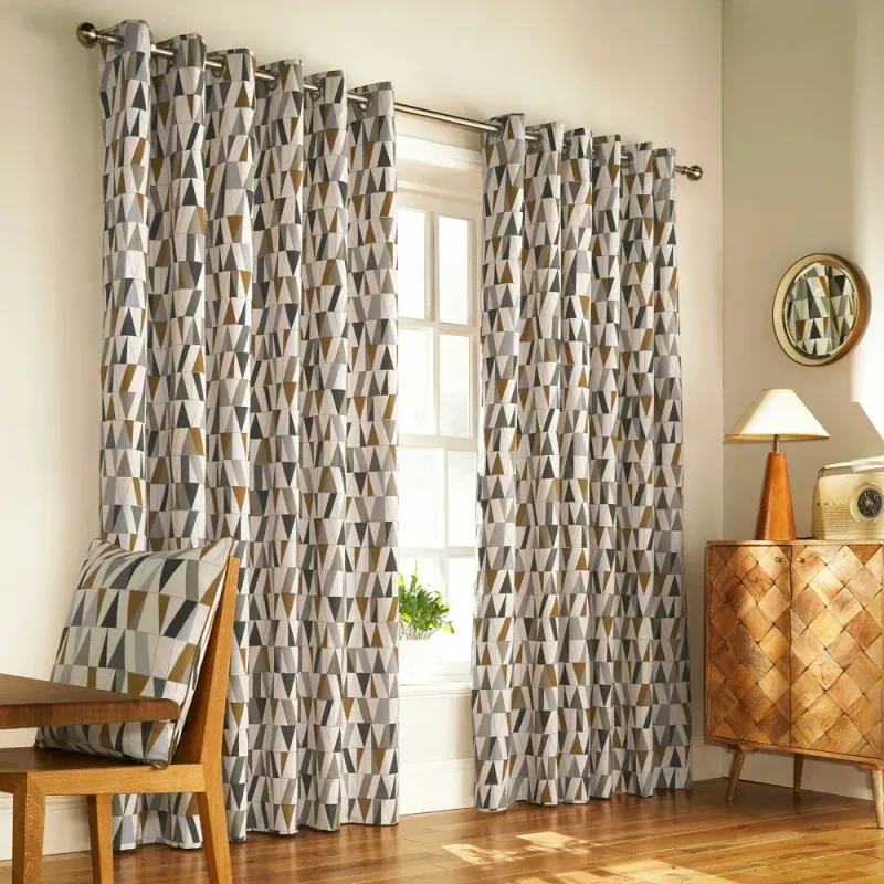 Reno Geometric Eyelet Curtains Charcoal/Gold