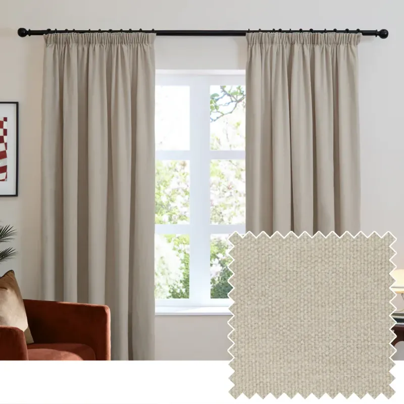 Soft Chenille Blackout Pencil Pleat Curtains Natural