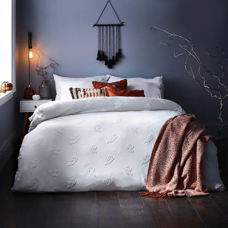 Ghost Tufted Halloween 100% Cotton Duvet Cover Set White