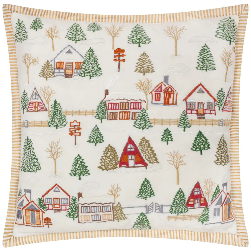 Winter Ski Lodges Embroidered Cushion White