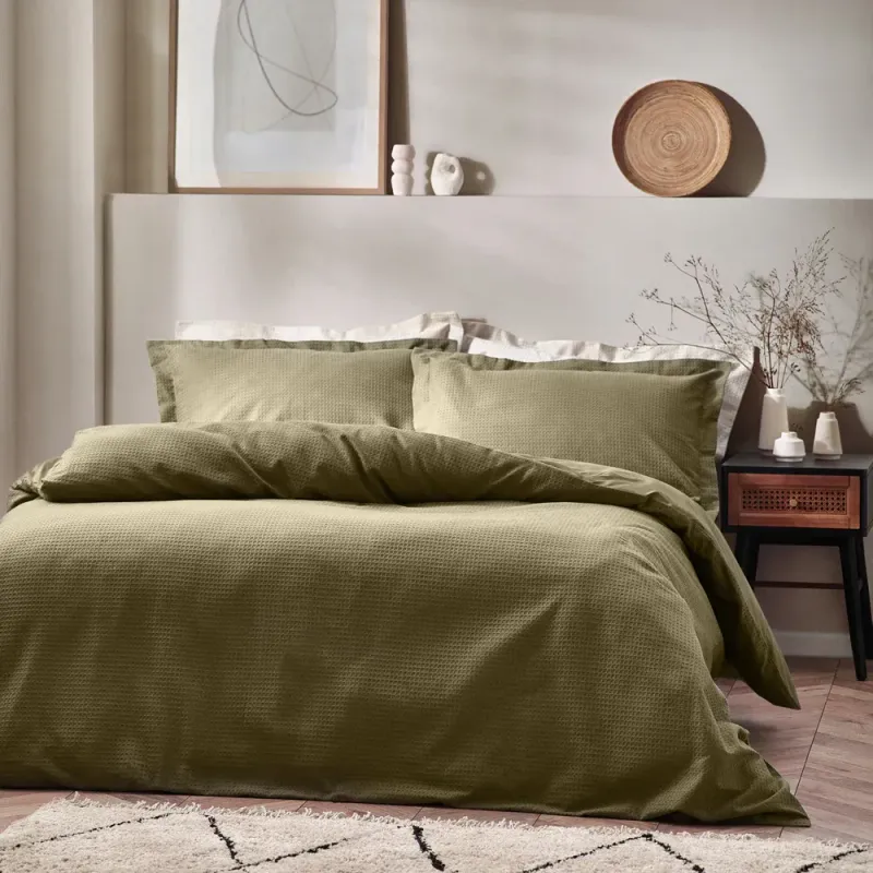 Waffle Textured 100% Cotton Duvet Cover Set Olive
