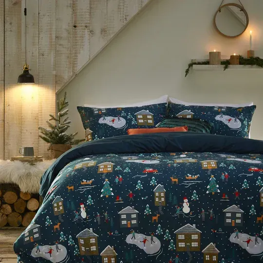 Winter Pines Pyjama Fleece Christmas Duvet Set Navy