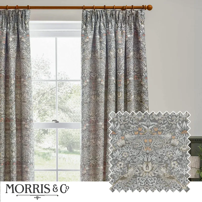 Strawberry Thief Embroidered Floral Pencil Pleat Curtains Biscuit