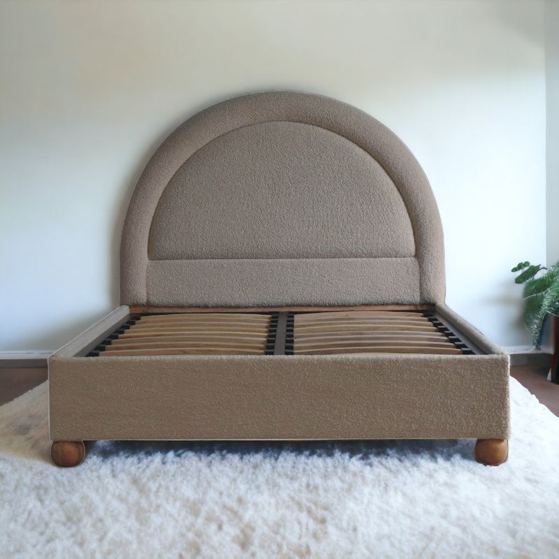 Cream Boucle Double Bed Solid Mango Wood