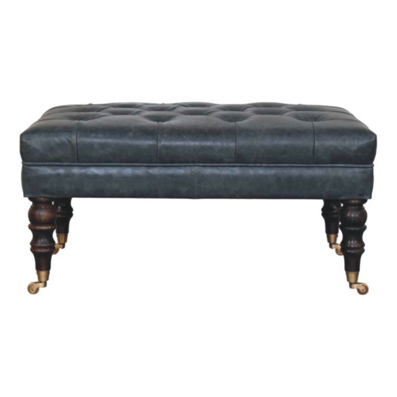 Buffalo Ash Black Leather Ottoman with Castor Legs