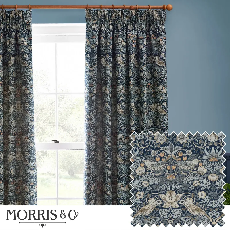 Strawberry Thief Embroidered Floral Pencil Pleat Curtains Indigo