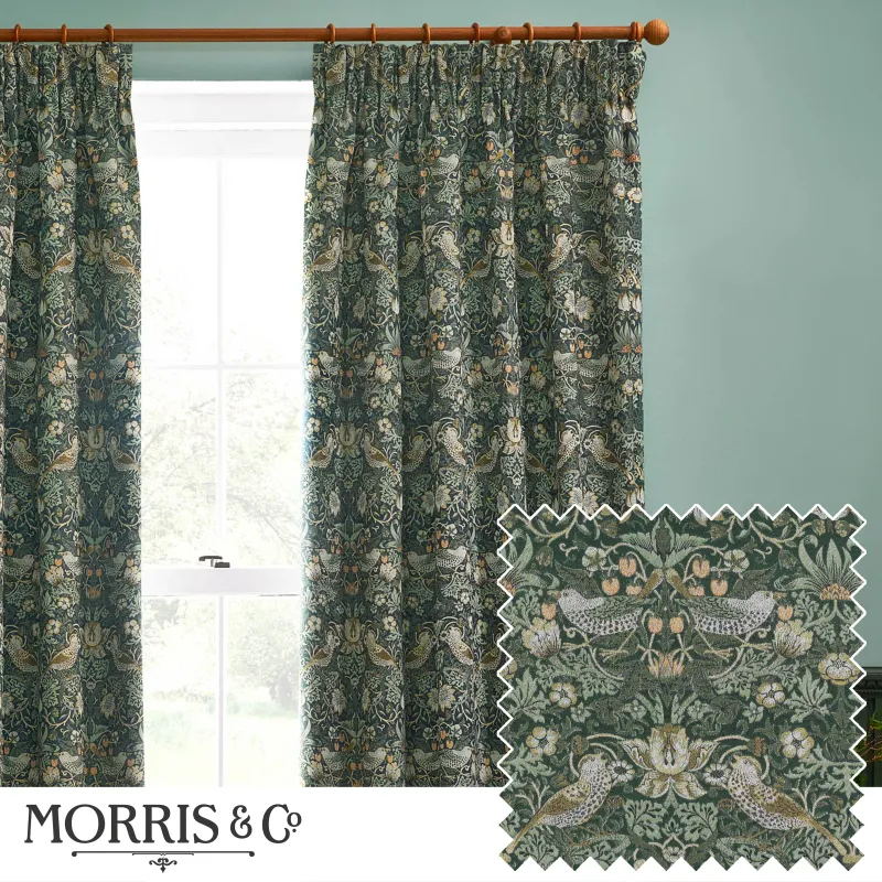 Strawberry Thief Embroidered Floral Pencil Pleat Curtains Forest Green