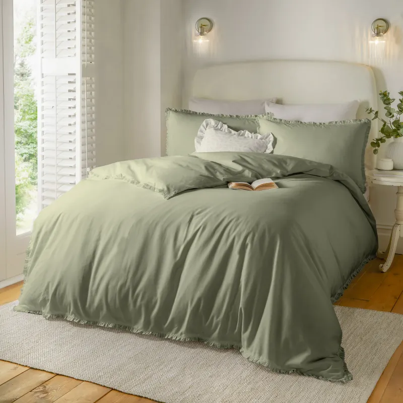 Tilly 100% Cotton Ruffle Duvet Cover Set Sage