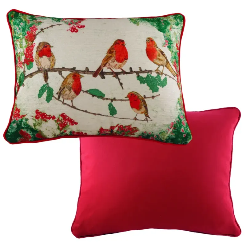 Xmas Robins Rectangular Cushion Ruby