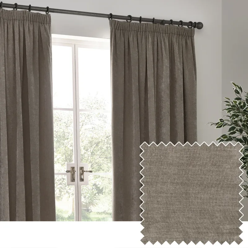 Heavy Chenille Room Darkening Pencil Pleat Curtains Greige