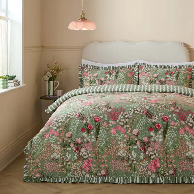 Gardenia Reversible Ruffle Duvet Cover Set Pink Forest