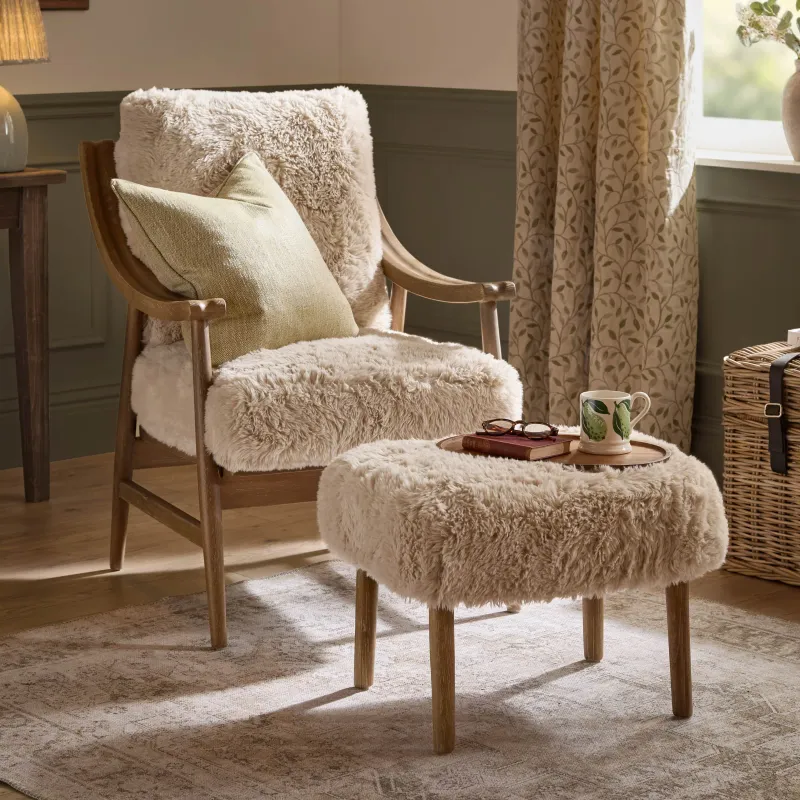 Struan Faux Fur Chair & Footstool Natural