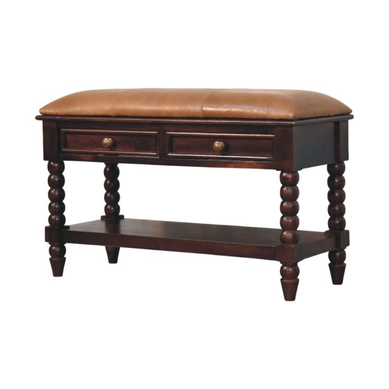 Spindle Winewood Leather Bench