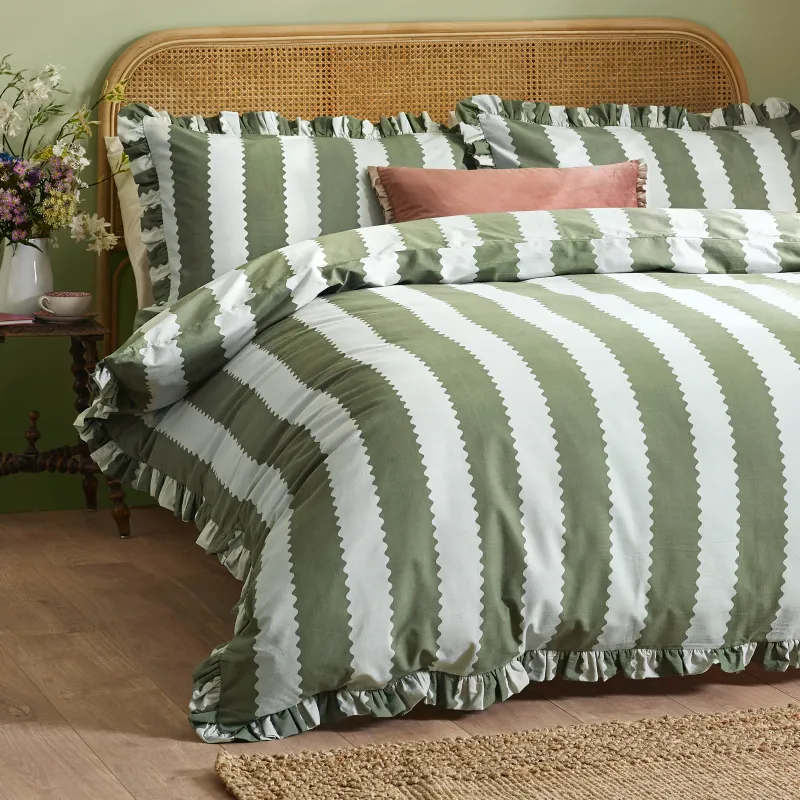 Birdie Stripe Ruffle Duvet Cover Set Bay Green/Mist