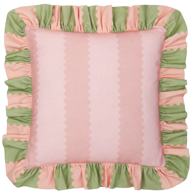 Birdie Stripe Ruffle Cushion Pink/Green