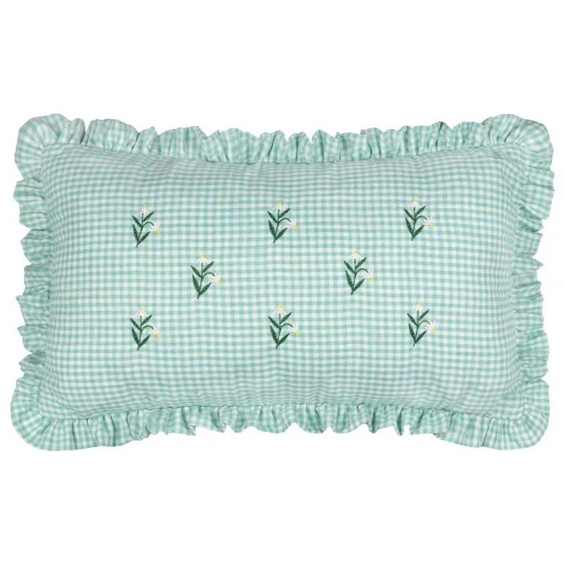 Les Petite Fleurs Gingham Ruffle Cushion Spring Green