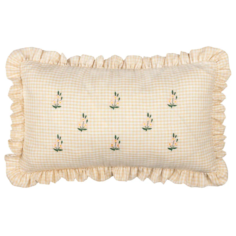 Les Petite Fleurs Gingham Ruffle Cushion Natural