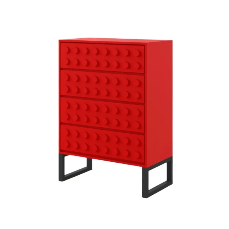 Red "Ogel" Block Solid Wood 4 Drawer Chest