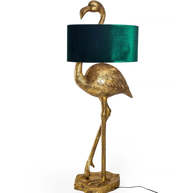 Antique Gold Flamingo Floor Lamp with Green Velvet Shade