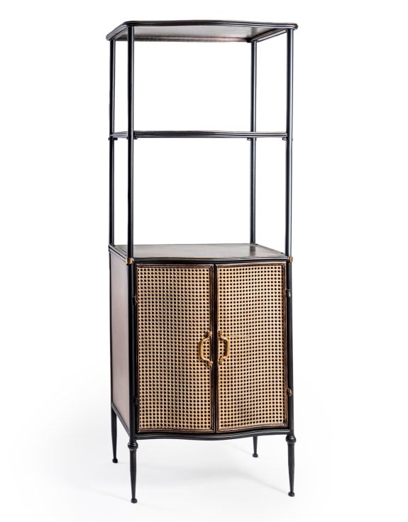 Antiqued Black Side Cabinet with Metal Rattan Cupboards