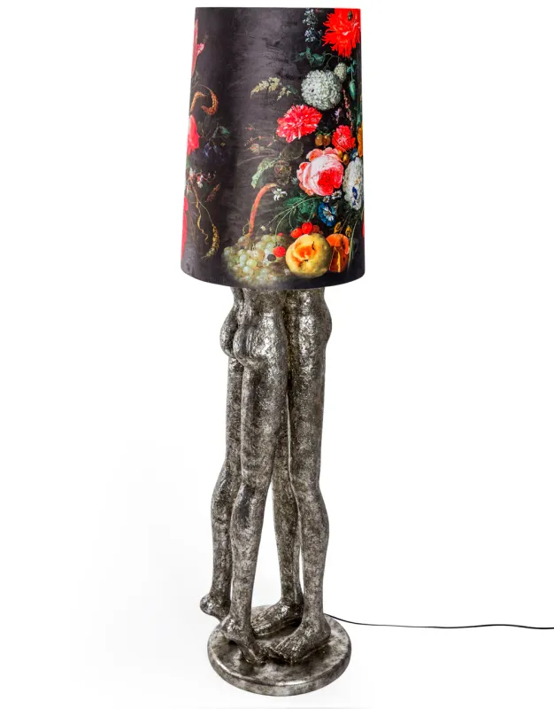 Antique Silver Floor Lamp with Floral Boho Shade