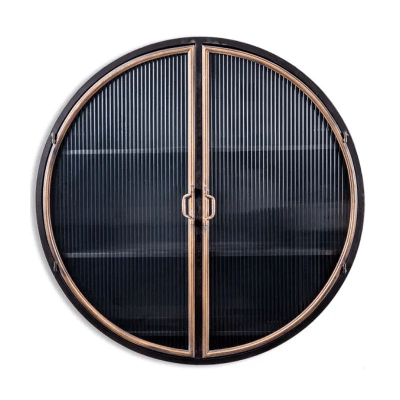 Black and Antique Gold "Orwell" Large Round Metal Wall Cabinet