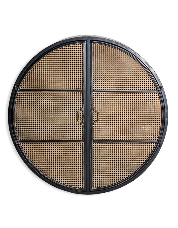 Black and Antique Gold "Orwell" Large Round Metal Wall Cabinet