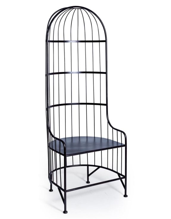 Boho Industrial Black Metal Dome Bird Cage Porters Armchair Accent Chair