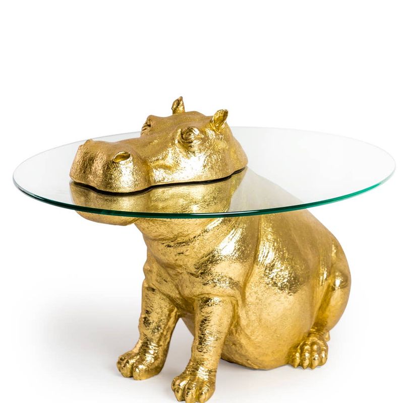 Large Gold Hippo Glass Top Side / Coffee Table