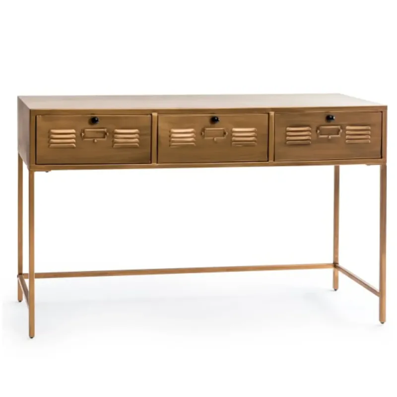 Brushed Antique Gold Metal 3 Drawer Console Table