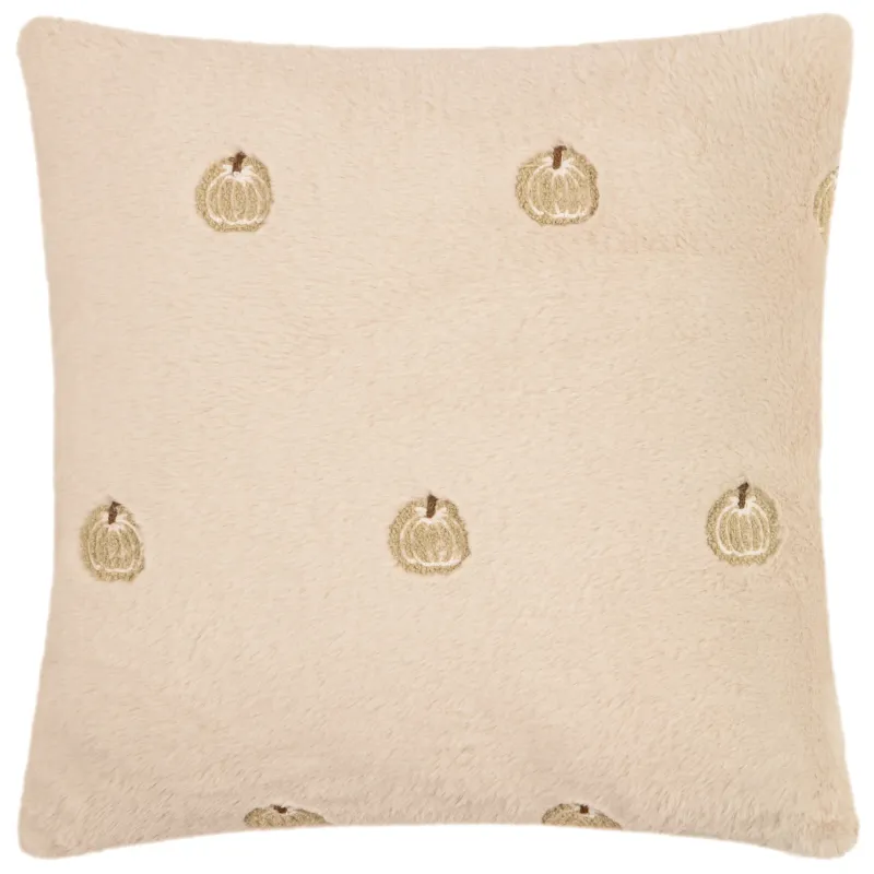 Autumn Pumpkins Embroidered Faux Fur Cushion Natural